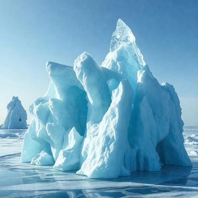 The primary subject of the image is a large iceberg, which is the main object, scene, or focus of the image. The iceberg is situated in a body of water, which serves as the setting or background. The visual style of the image is a photo, capturing the natural beauty of the iceberg. The colors and mood of the image are predominantly blue and cold, reflecting the icy nature of the iceberg.